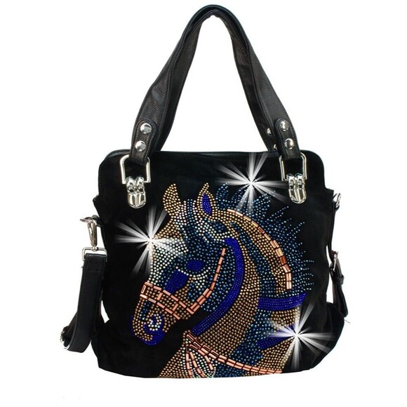 Horse Head Rhinestone Covered Suede Handbag Purse - Picture 1 of 10